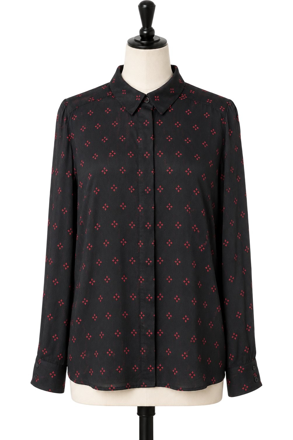 & Other Stories Silk Blouse Black Red Print Hidden Button Long Sleeve Shirt