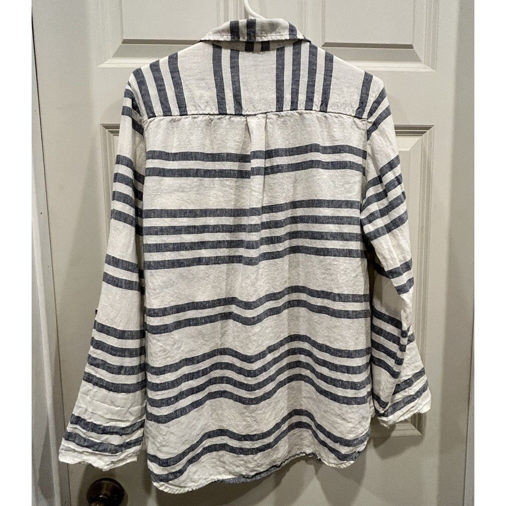 Ellen Tracy Womens Large 100% Linen Striped Roll Tab Sleeve Henley Top Coastal