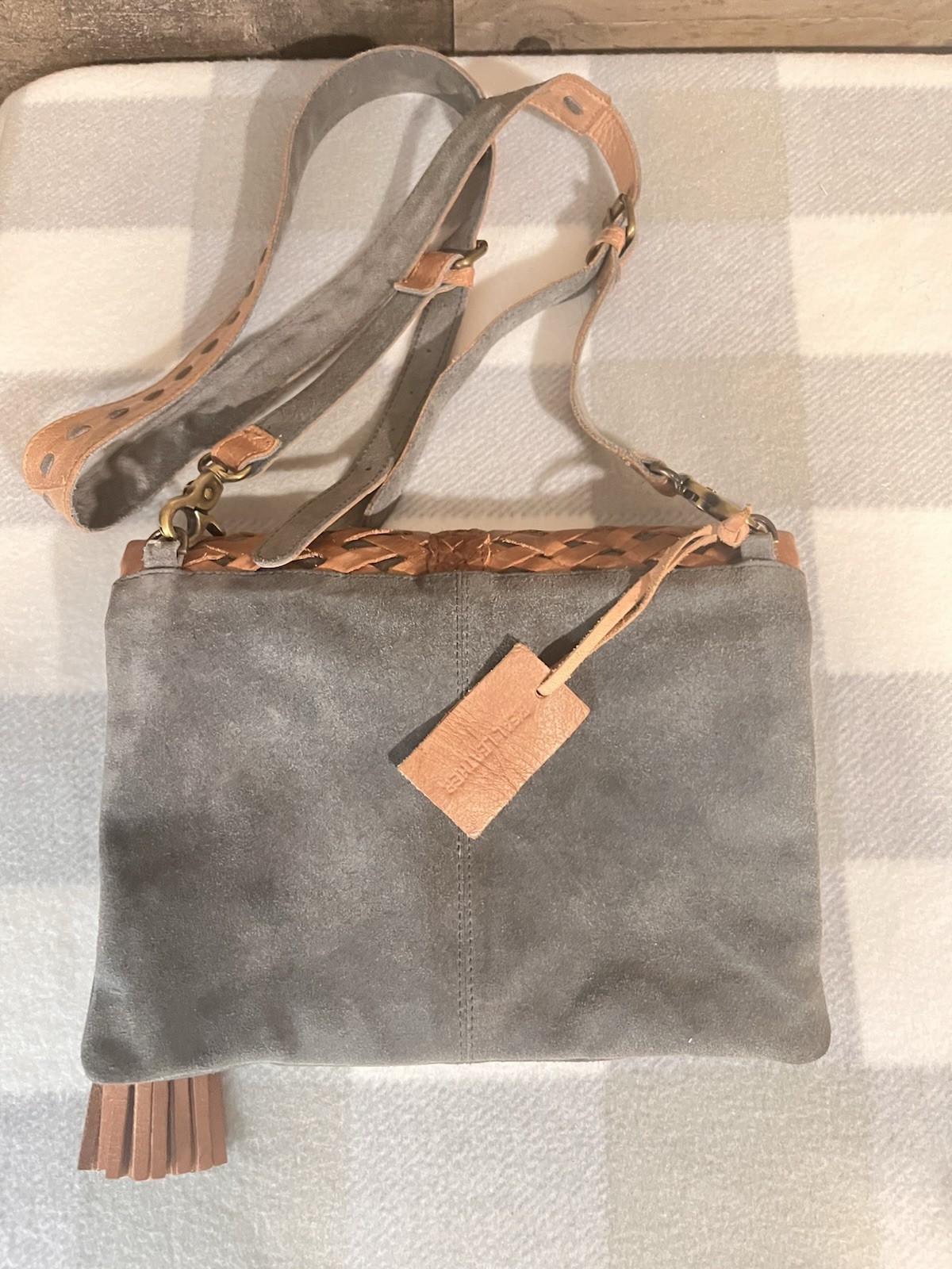 Anabaglish Leather Suede Woven Foldover Crossbody Bag Tassel Boho Brown/Gray