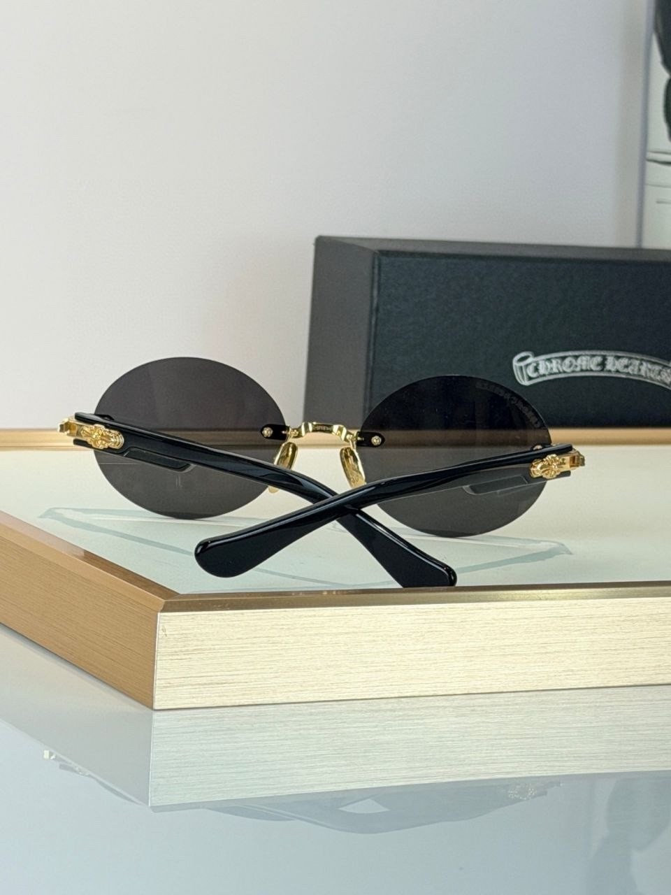 Chrome Hearts Rimless Round Sunglasses Black Gold Floral Temple Luxury Eyewear