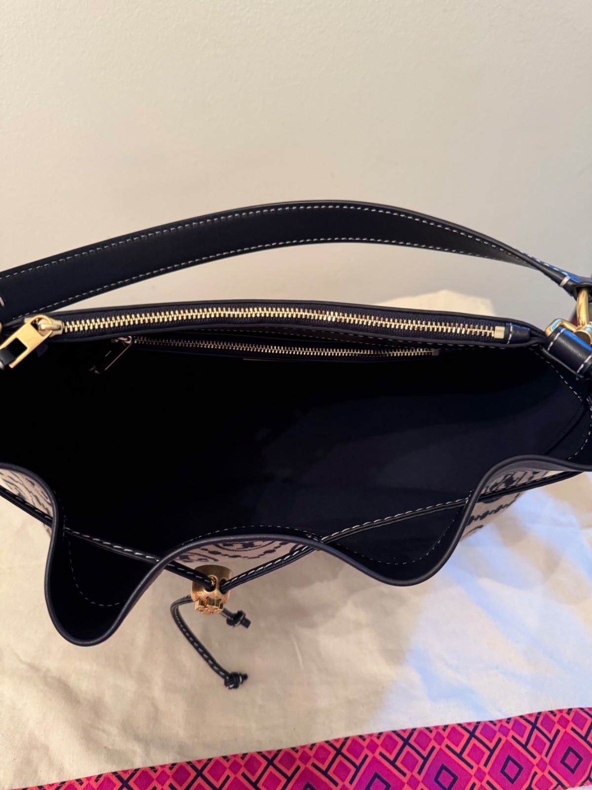Tory Burch T Monogram Jacquard Drawstring Hobo Bag with matching Wallet