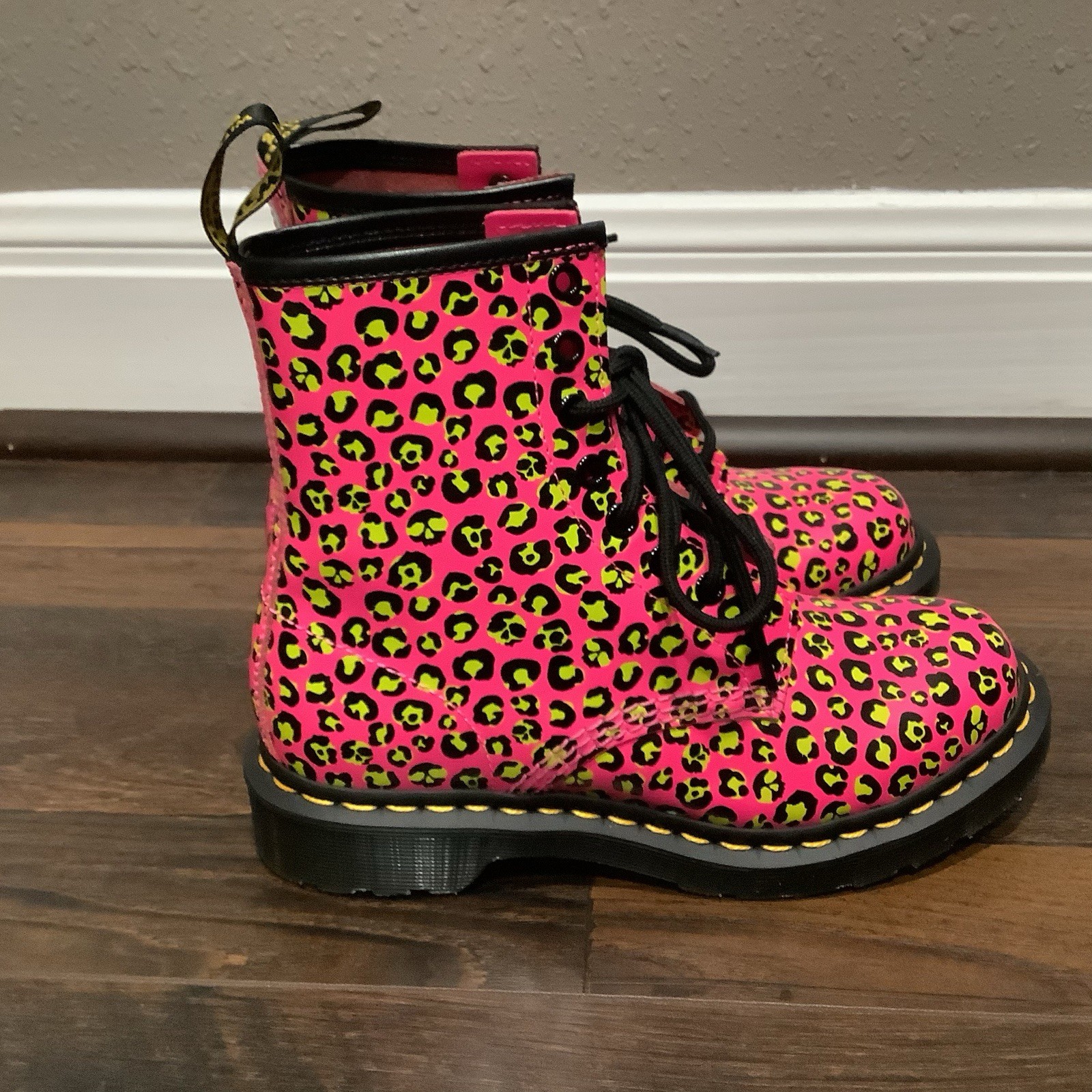 Dr Martens New 1460 Neon Pink Lime Leopard Print Patent Leather Boots Womens 6
