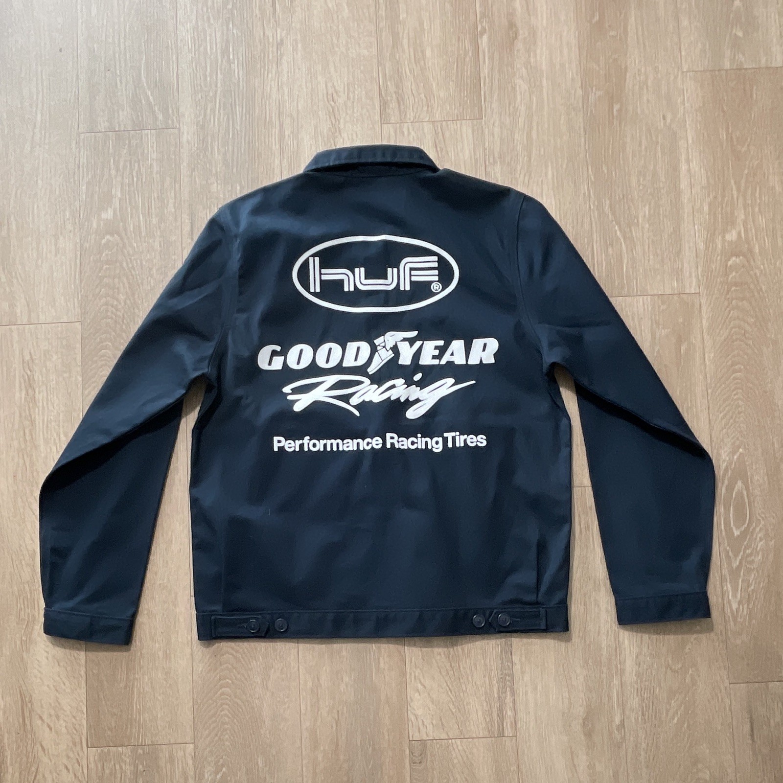 HUF x Goodyear Racing Men’s M Blue Full Zip Jacket Logo Spread Collar Short