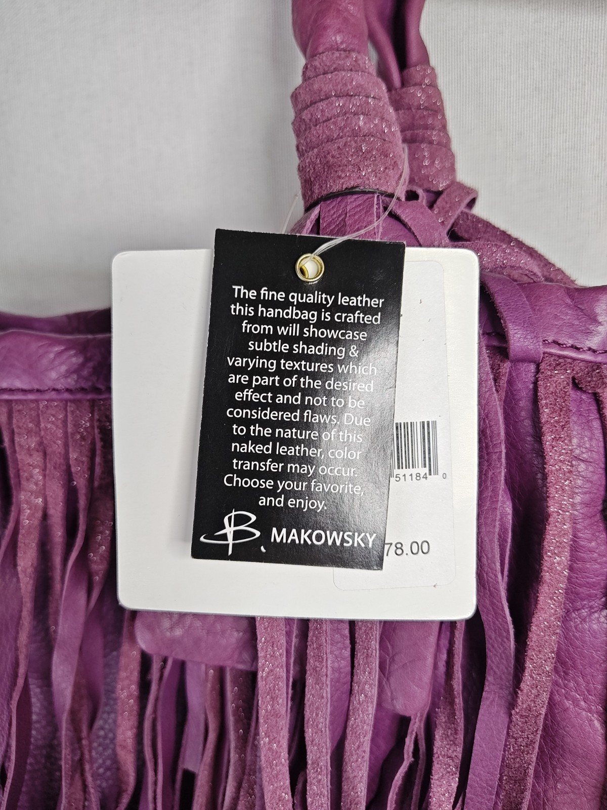 ​B. Makowsky Cabernet Purple Leather Fringe Tote Bag Hobo Purse NWT A212792