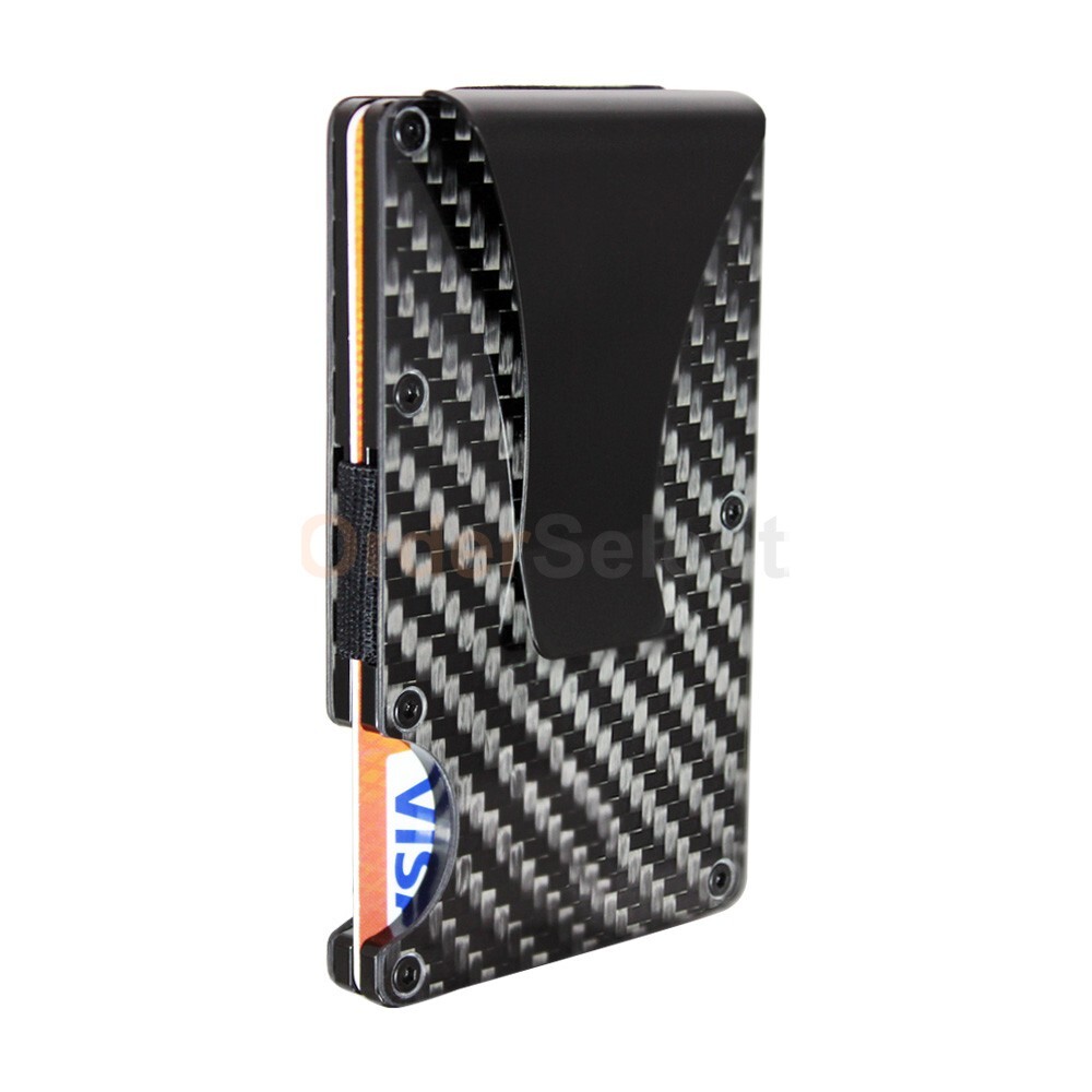 Men RFID Blocking Money Clip Slim Carbon Fiber Credit Card Holder Metal Wallet