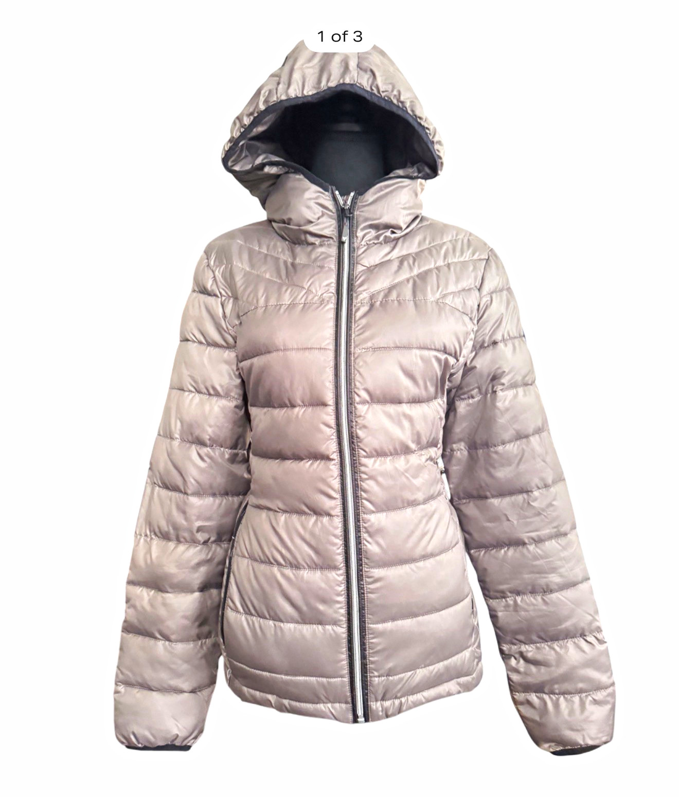 NOIZE Women’s Gray Hooded Puffer Jacket Full Zip Logo Accents Size L