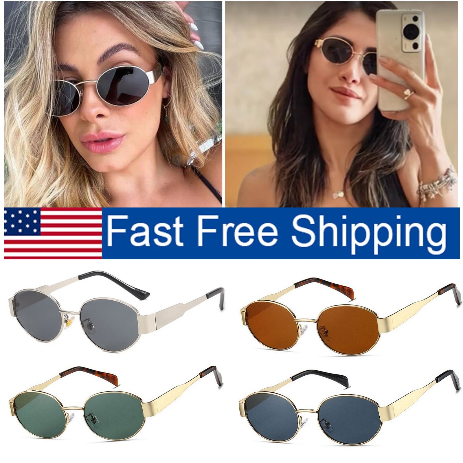 Oval Sunglasses Retro 90S Sunglasses Trendy Classic Shades Metal Frame Gold USA