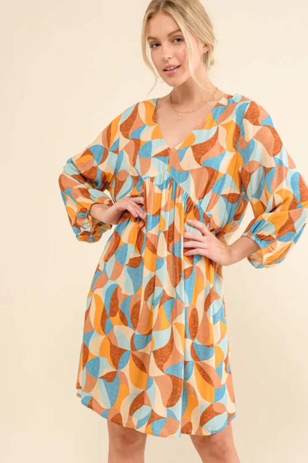 And The Why Rayon Colorful Geometric Open Back Puff Sleeve Casual Dress