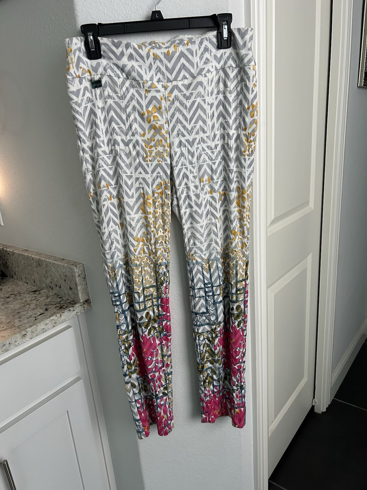 Lisette Grey And White Chevron Straight Leg Pants W Pink Floral Border