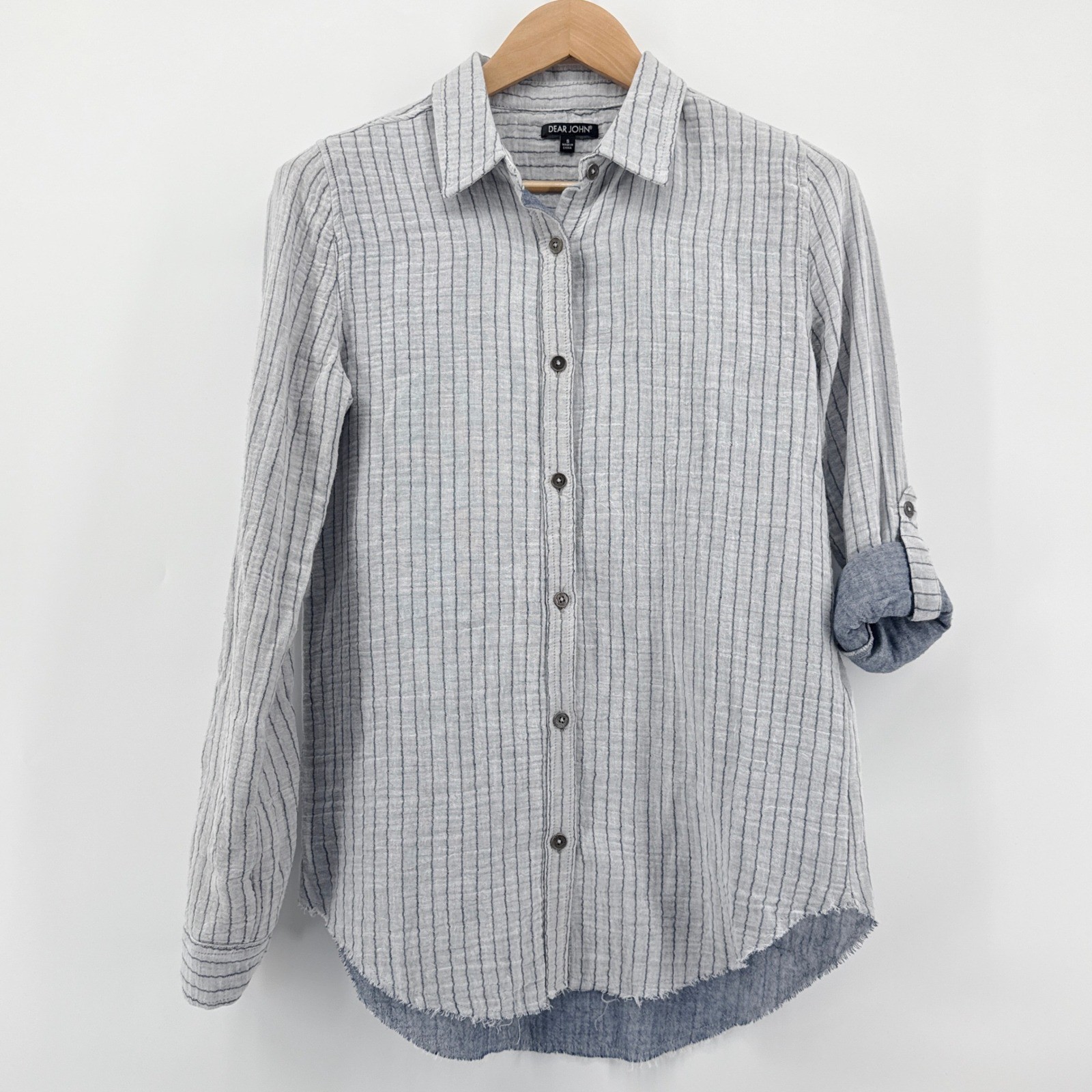 DEAR JOHN Womens Gauzy Striped Button Down Shirt Small Roll Tab Sleeve Raw Hem