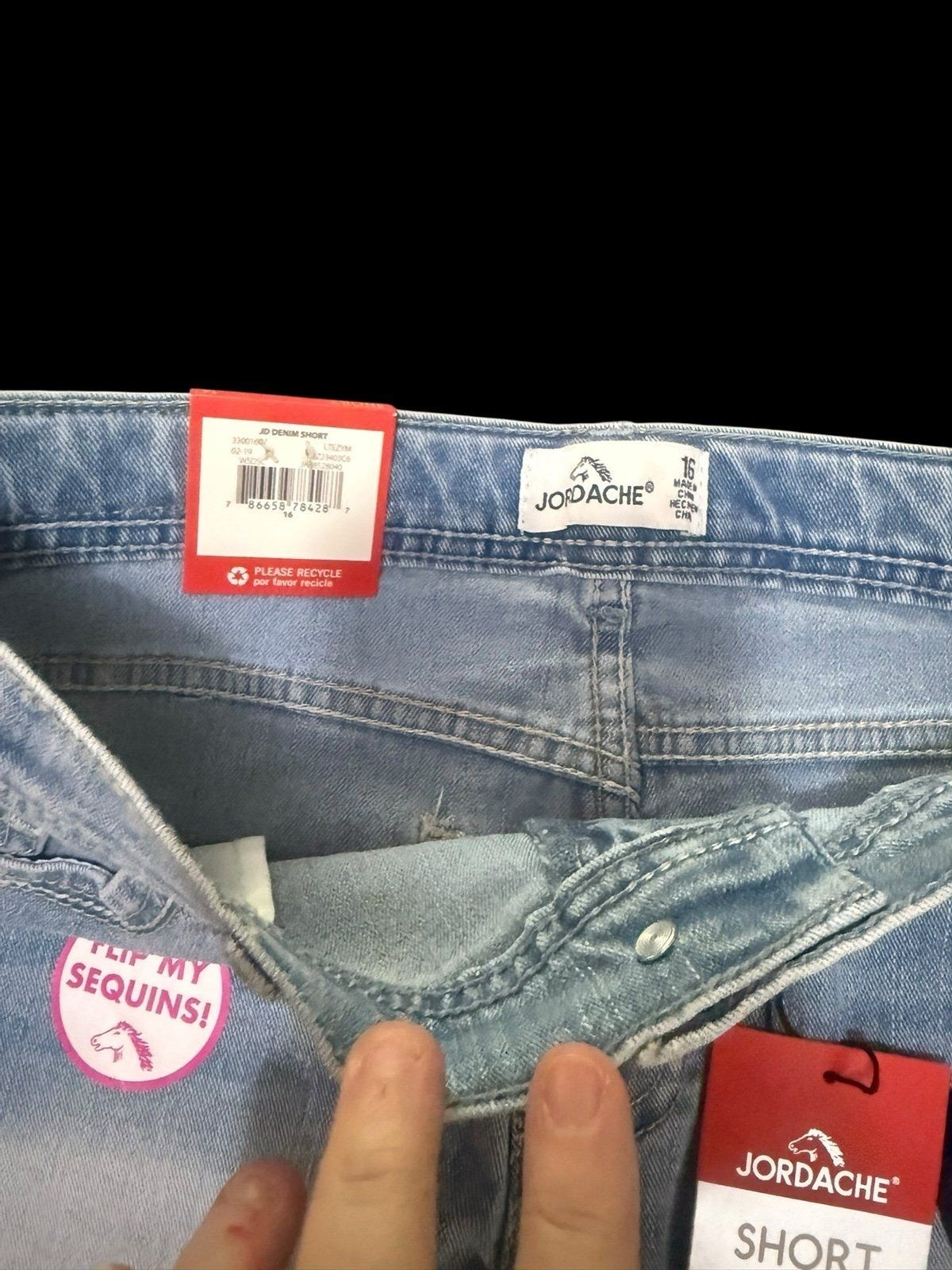 NWT Jordache Flip Sequin “Hi/Bye” Girls Sequin Denim Shorts Lightwash Waist 16