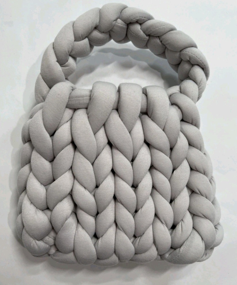 Gray Braided Chunky Knit Satchel Top Handle Handbag Purse for Women. 11×8 Inches