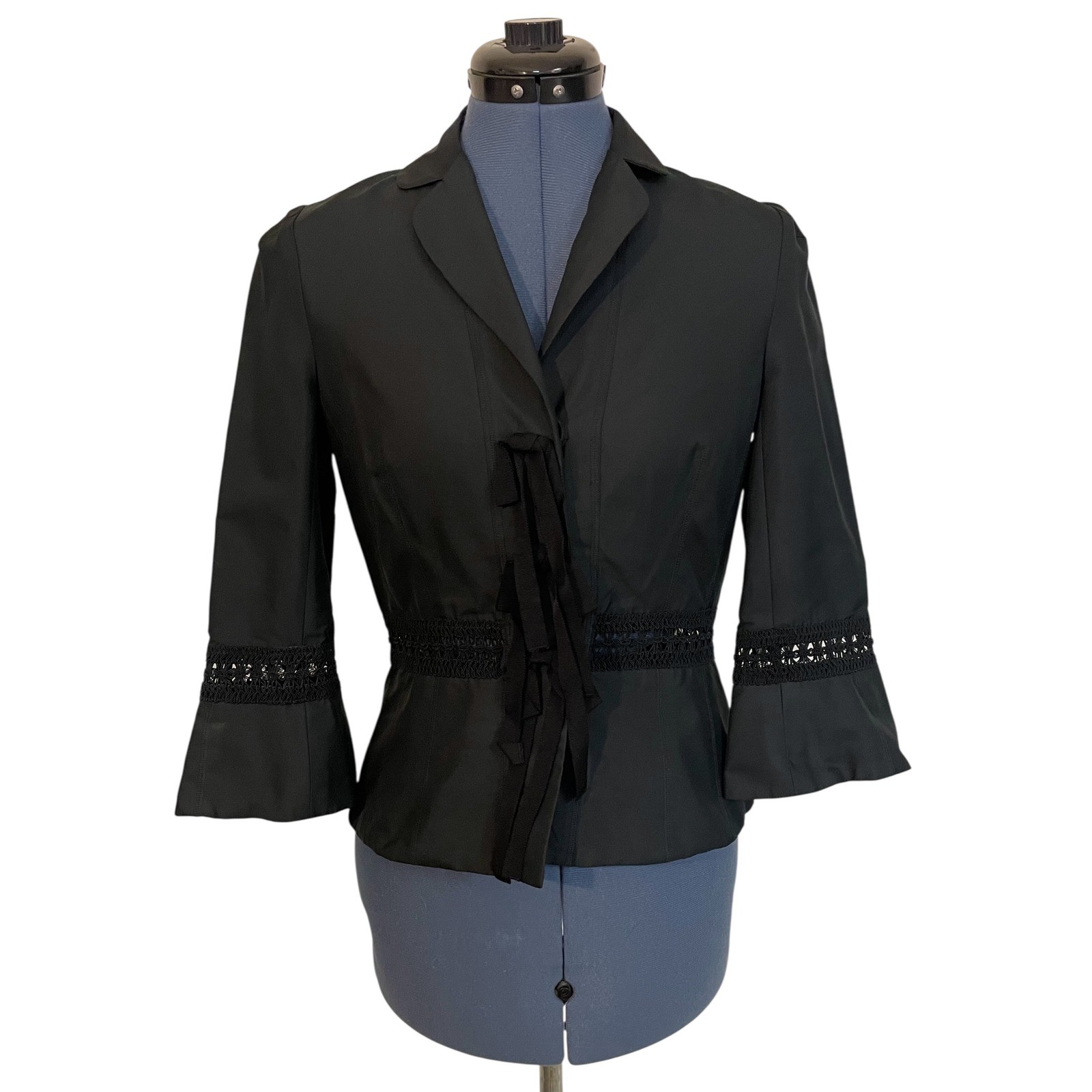 Robert Rodriguez Black Crochet Trim Bow Snap Up Crop Jacket Victorian Preppy 8
