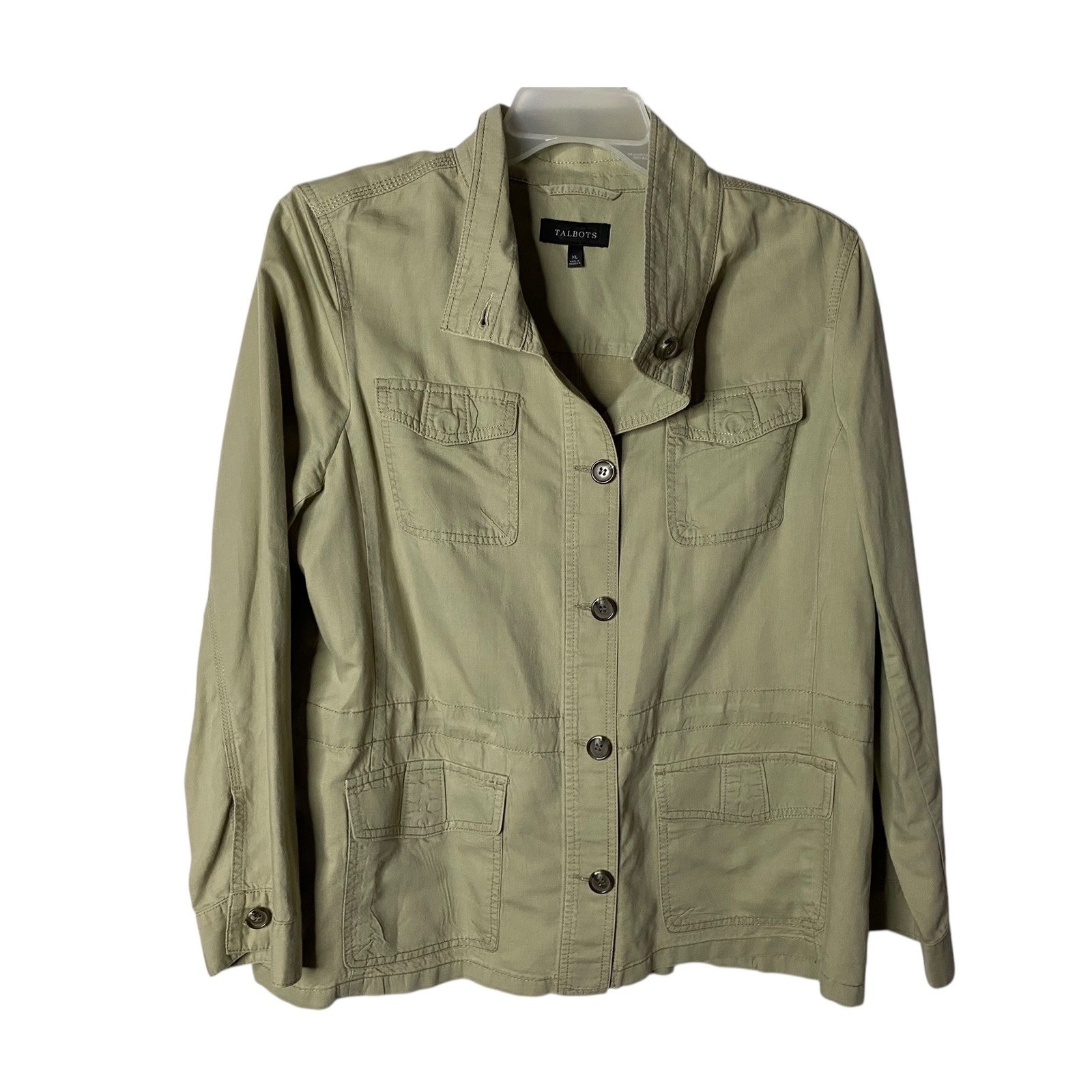 Talbots Safari Utility Jacket Women XL Beige Khaki Cargo Pockets Cotton Linen
