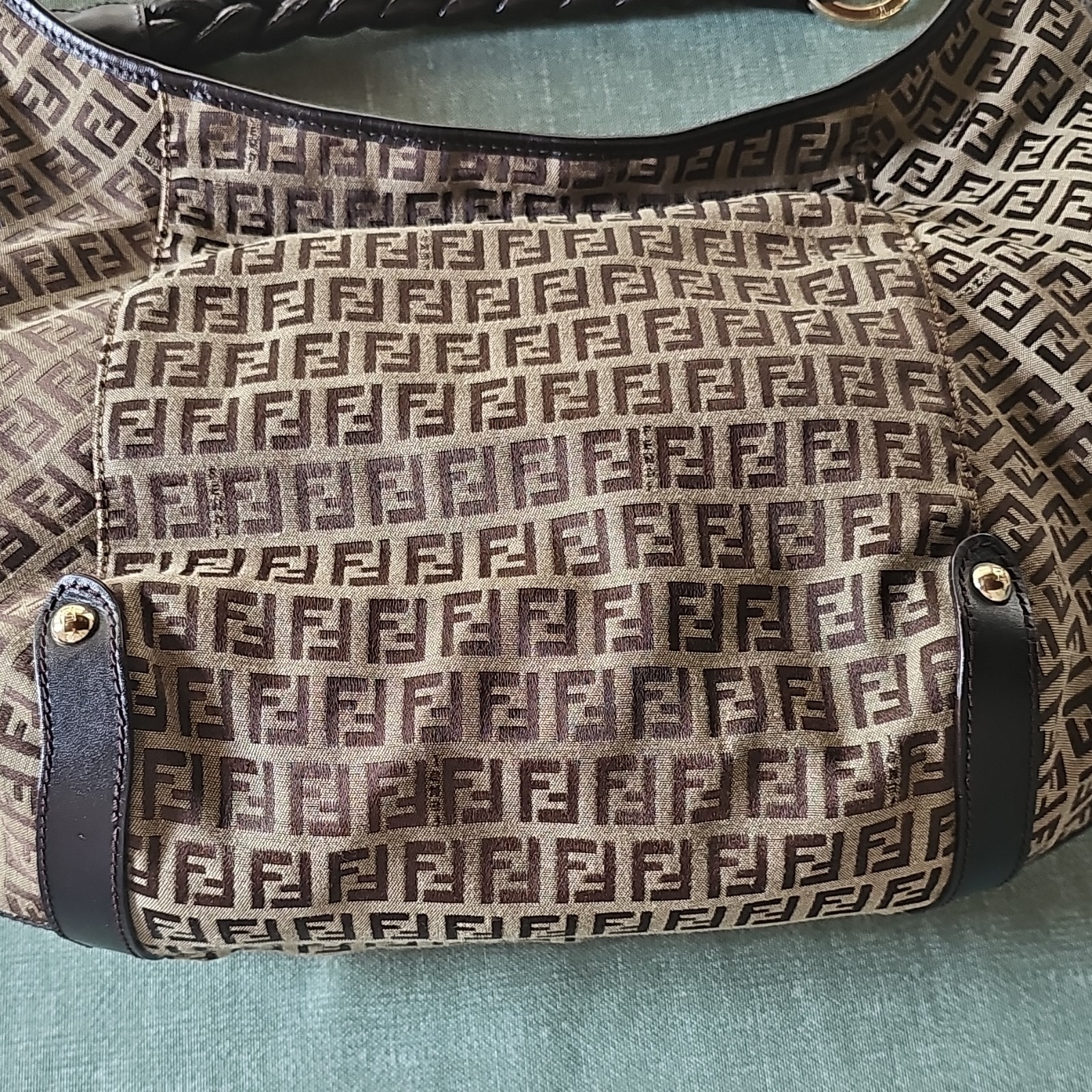 Fendi Zucca FF Logo Shoulder Bag, Zip Closure, Braided Strap, Gold Hardware