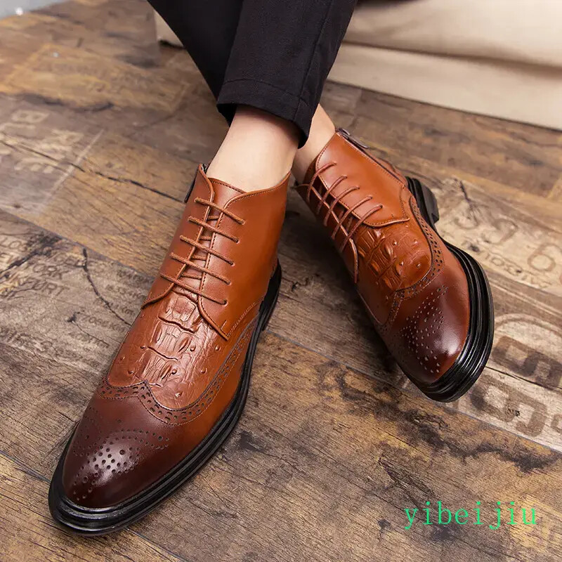 Mens Carved Brogue Shoes Business Alligator Pattern Ankle Boots Dress Lace Up