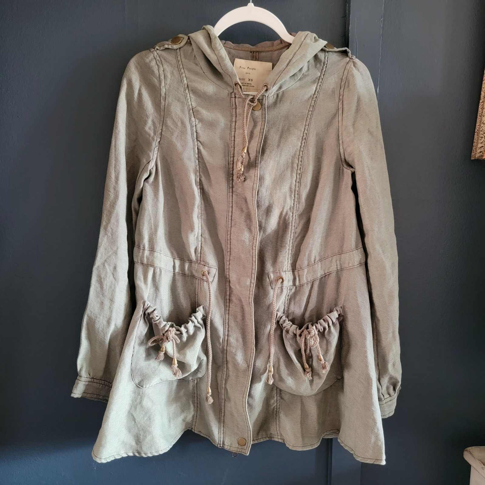 Free People Lightweight Mid Thigh Length Anorak Jacket Hoodie XS Olive Green