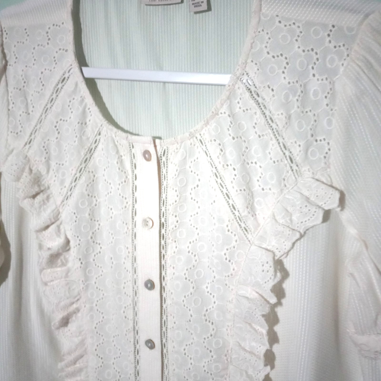 LOGO by Lori Goldstein Top Blouse size Small, Ivory Lace Eyelet Sheer Ruffle
