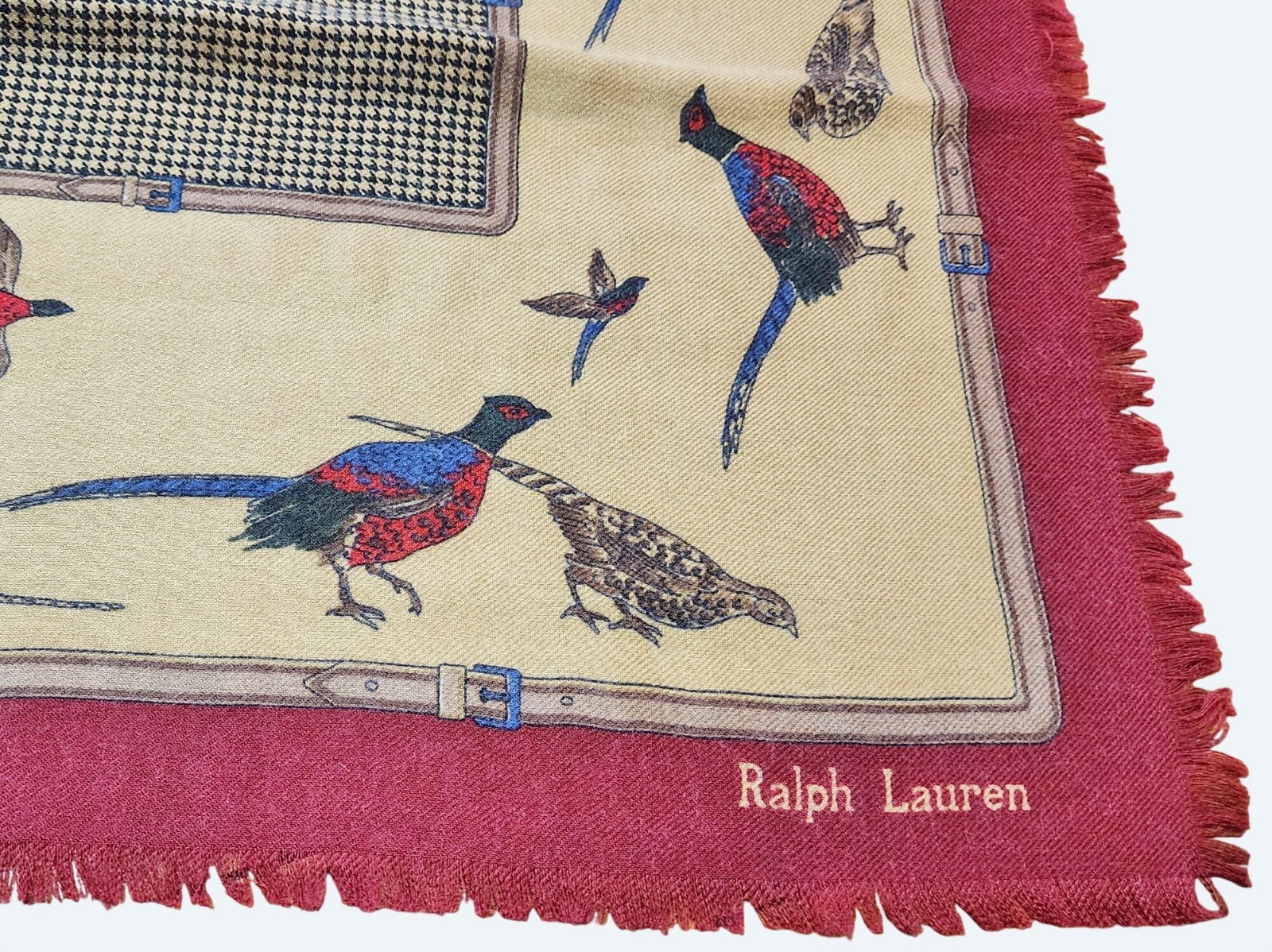 Vtg Ralph Lauren Houndstooth Belting and Pheasant Wool Challis Scarf Burgandy