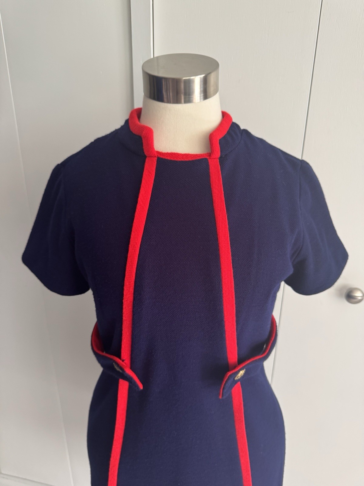 Vintage 1960s Navy Knit Dress Bold Red Piping Decorative Buttons