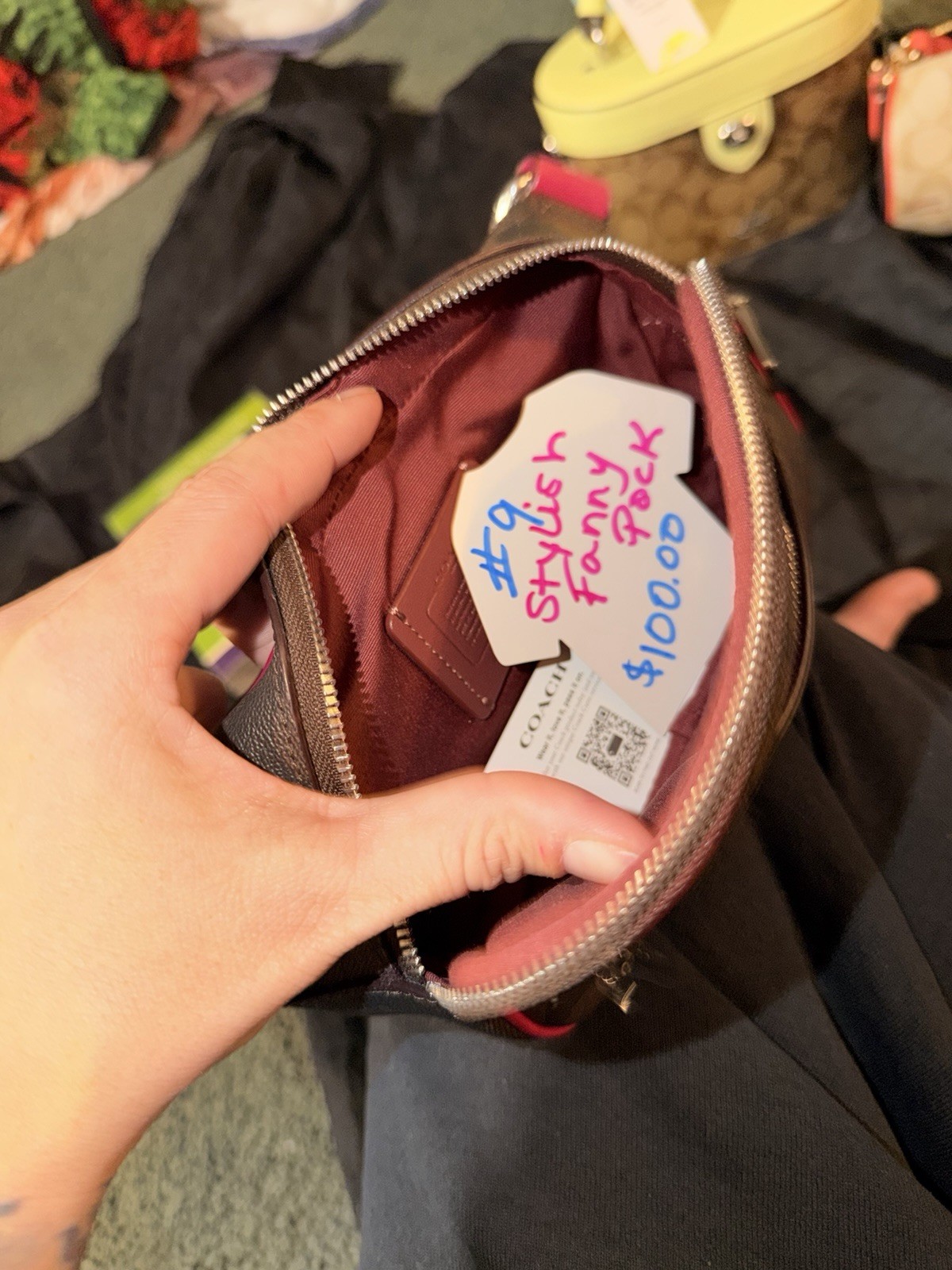 Coach Signature Monogram Small Waist Zip Bag Brown Pink Silver Hardware