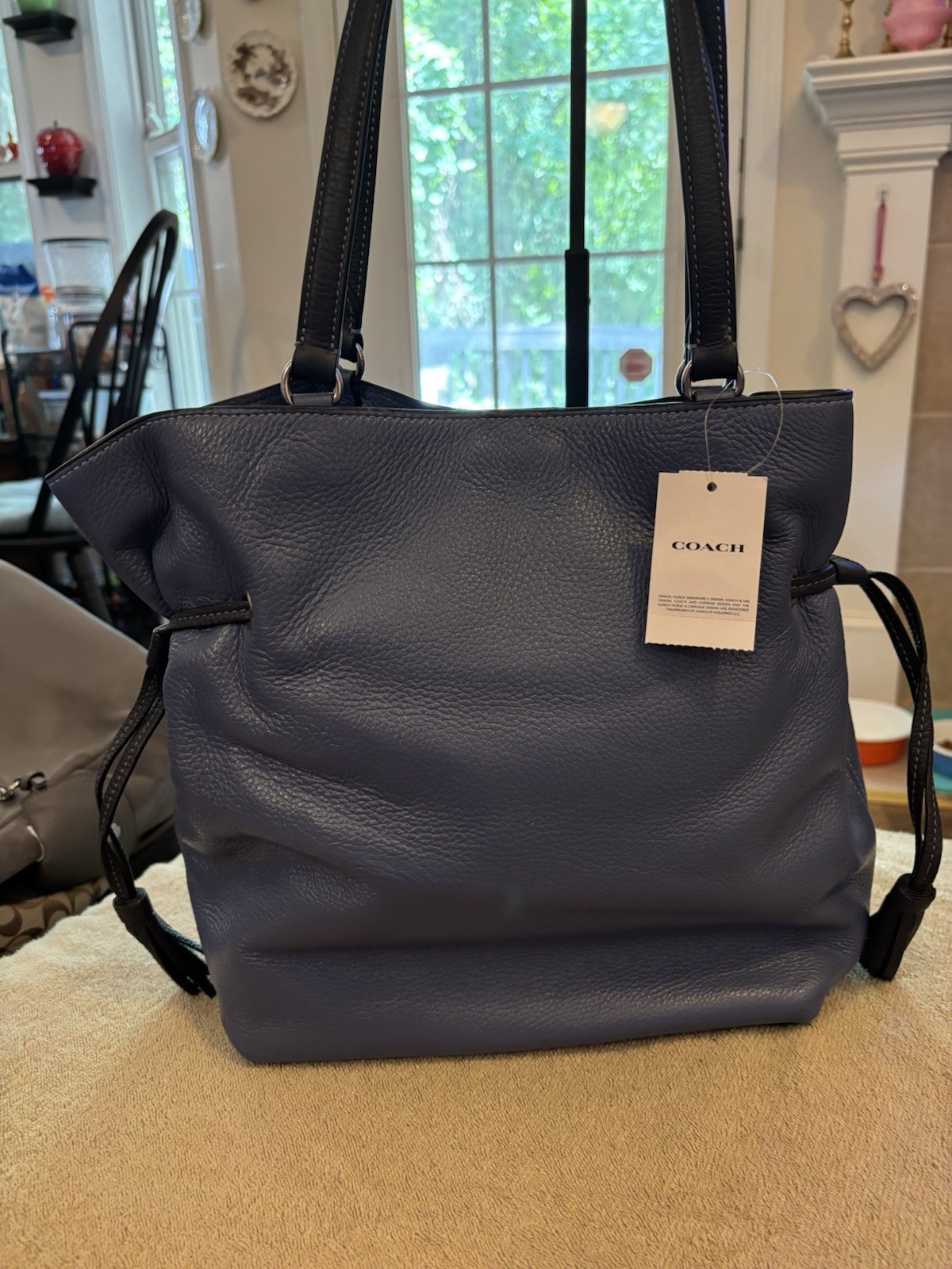 Coach Andy CA165 Blue Pebble Leather Horse & Carriage Drawstring Tote Bag NWT