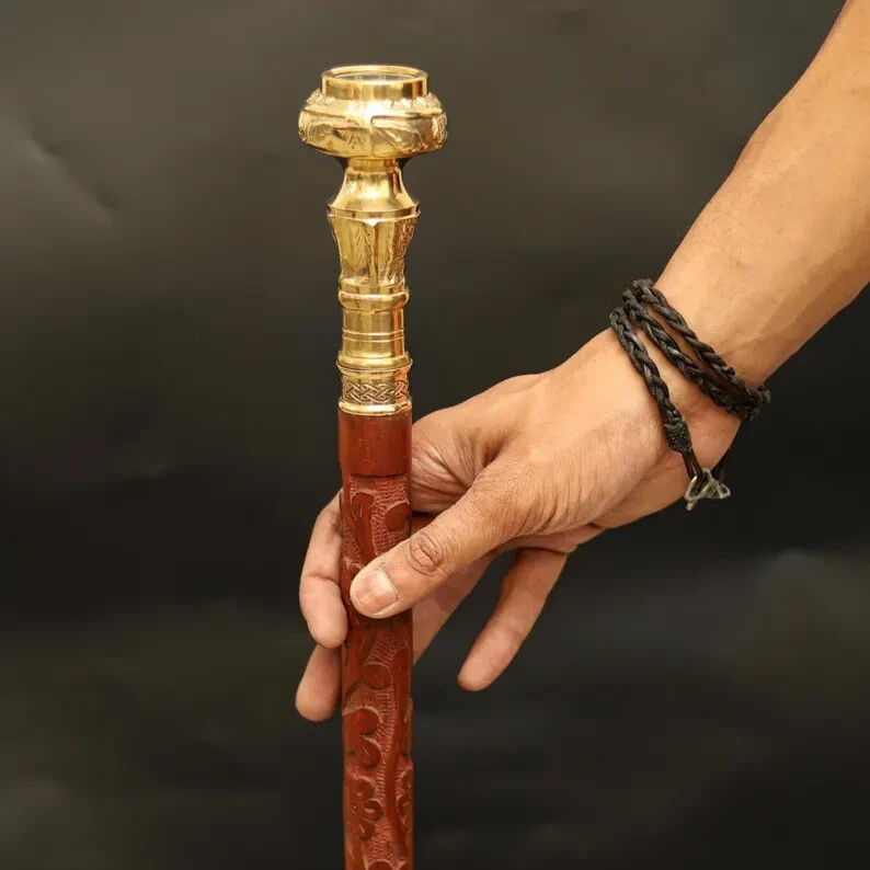 Solid Brass Compass Handle Vintage Style Brown Cane Floral Design Elegant Gift
