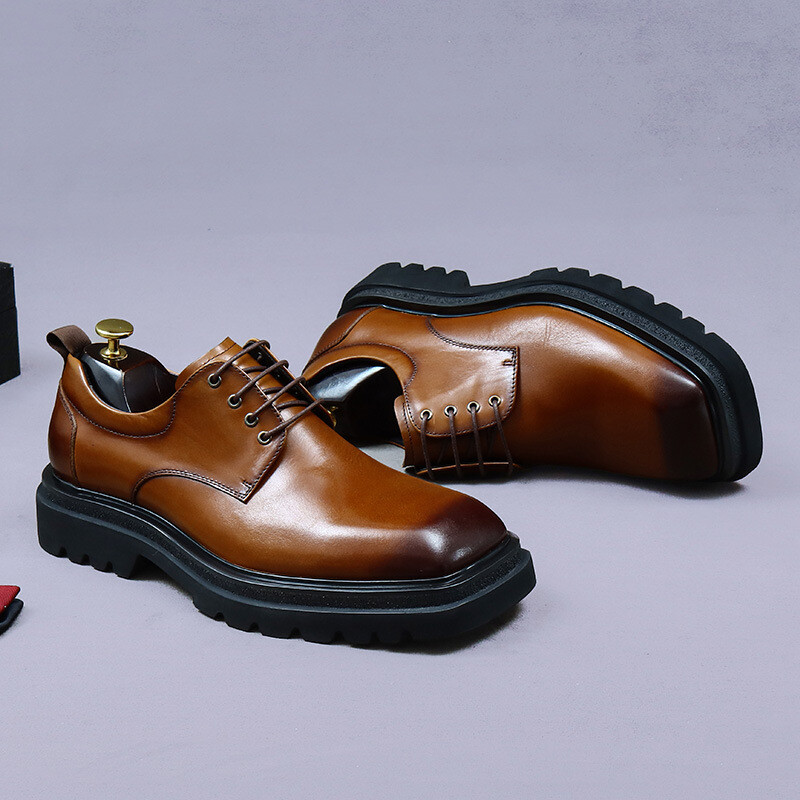 Men’s 100% Real Leather Square Toe Derby Shoes Wedding Platform Business Lace Up
