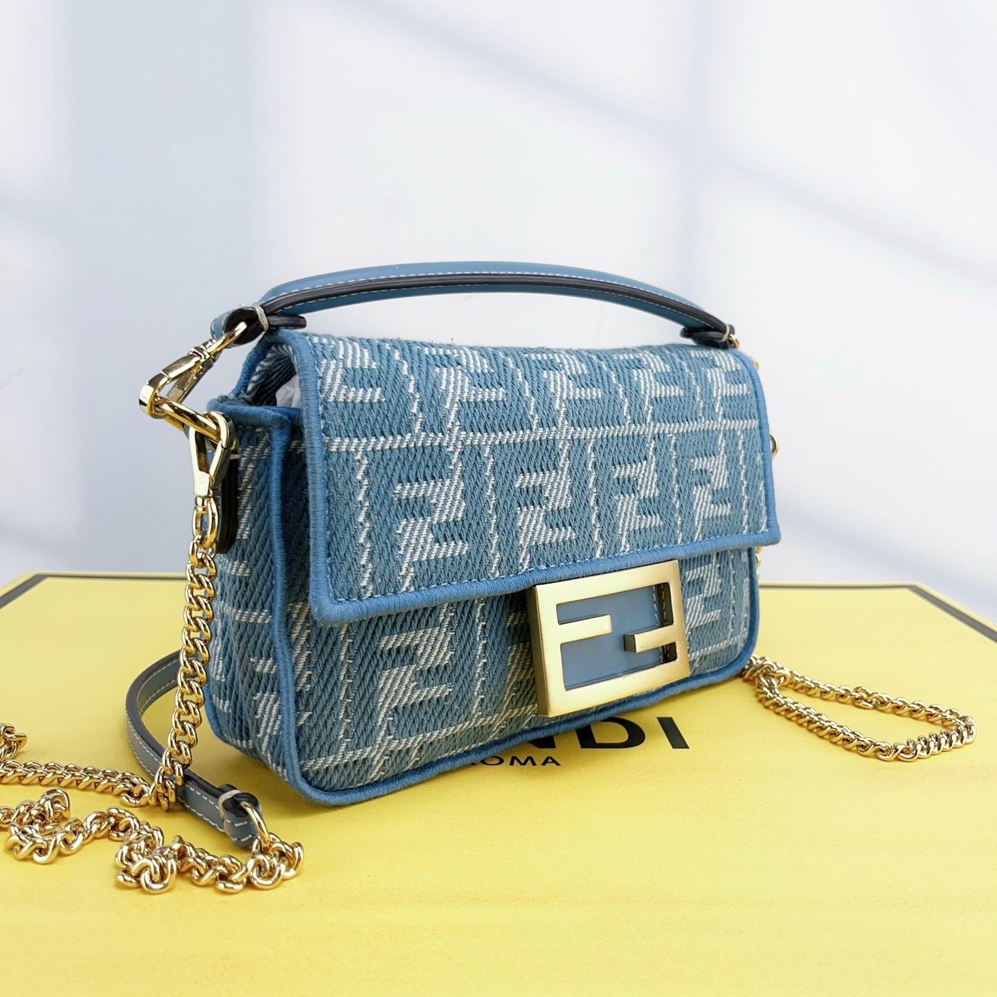 Fendi Baguette Mini Limited Edition Blue Chenille GHW Chain Shoulder Bag Rare