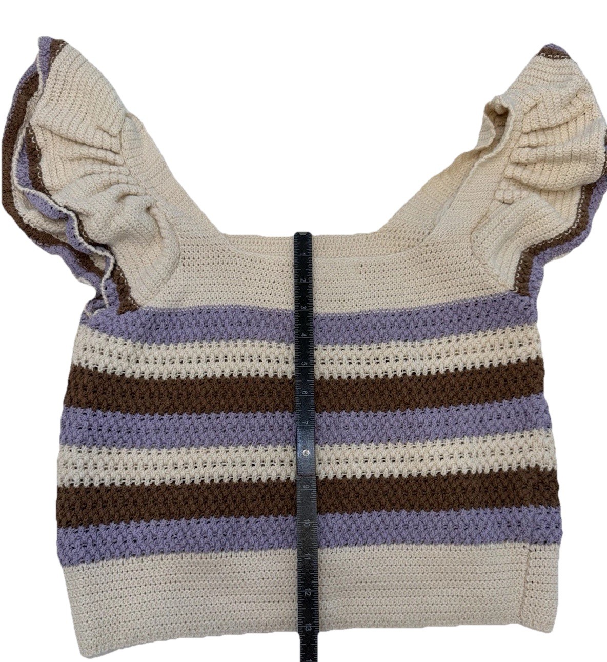 MNG Mango Beige Striped Knit Ruffle Flutter Sleeve Square Neck Cropped Top S