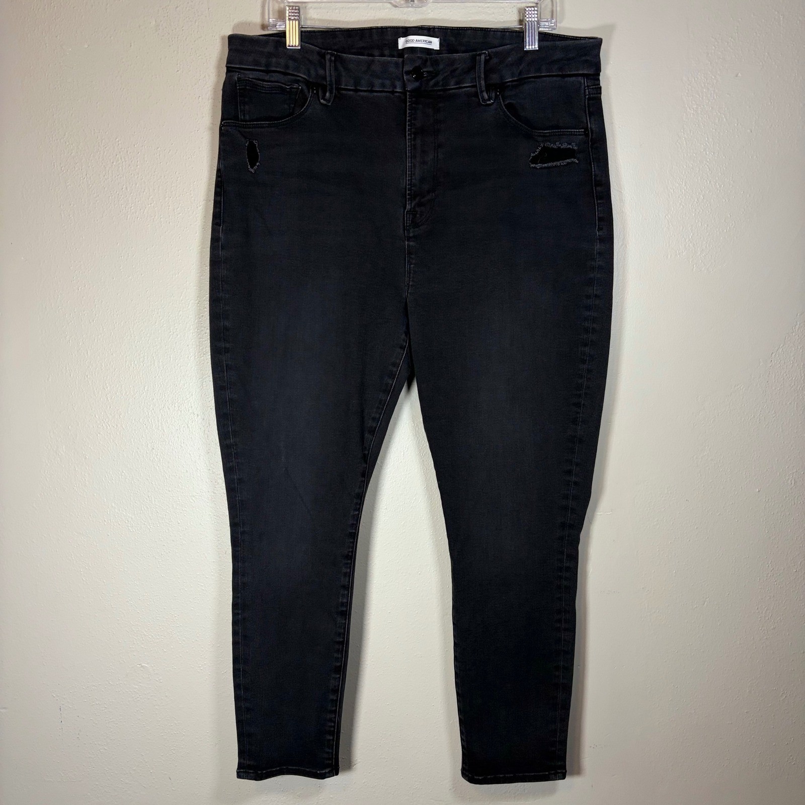 Good American Good Waist Crop Skinny Jeans Black Distressed GWC961TNA Women 16