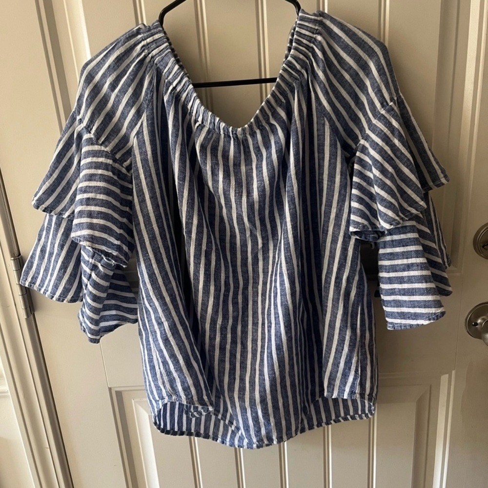 Beachlunchlounge Blue White Striped Linen Off Shoulder Top XL 👚
