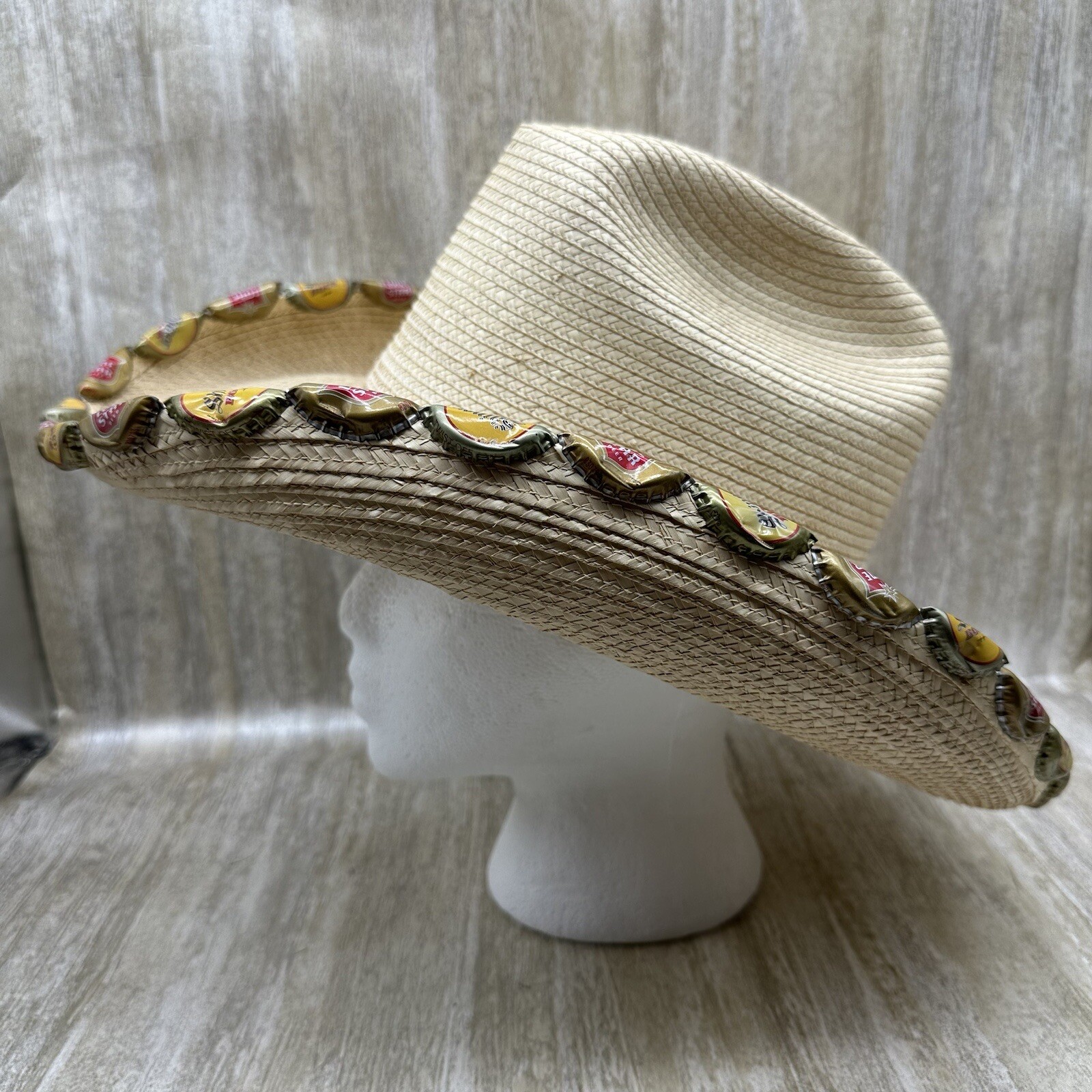 Rodeo Cowboy Hat Mens Approx Size 6.75 Straw Long Oval Wide Rim Beer Bottle Caps