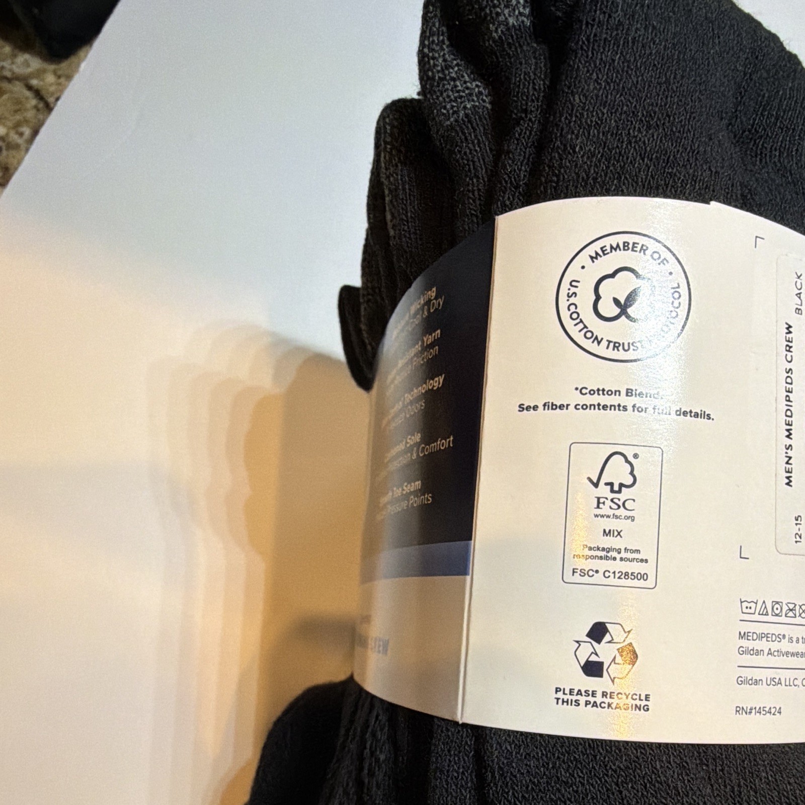 MediPeds Men’s Non-Binding Crew Socks 6 Pairs XL Black Cushioned Moisture W