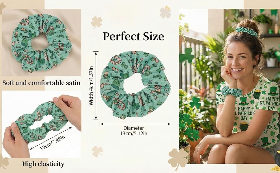 St.Patrick’s Day Scrunchies for Women & Girls, 6-pack Green Elastic Fabric Hair