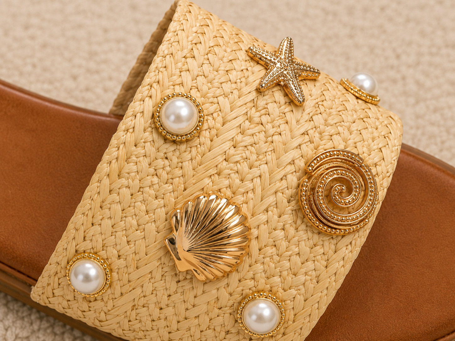 Women’s Beach Slide Pearl Shell Starfish Woven Summer Flat Slip On Shoes.