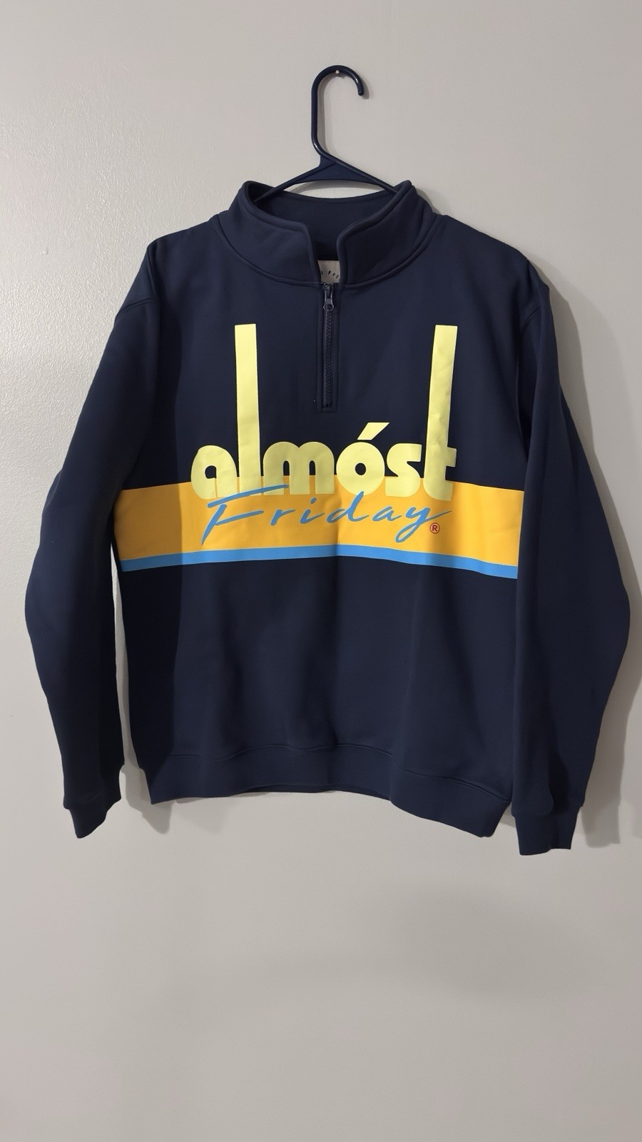 Almost Friday Navy Blue Quarter-Zip Pullover Sweatshirt – Sz Medium -Yellow Logo