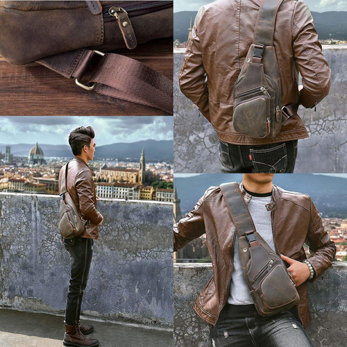 Le’aokuu Men Fashion Casual Tea Designer Travel Hiking Crossbody Chest Brown