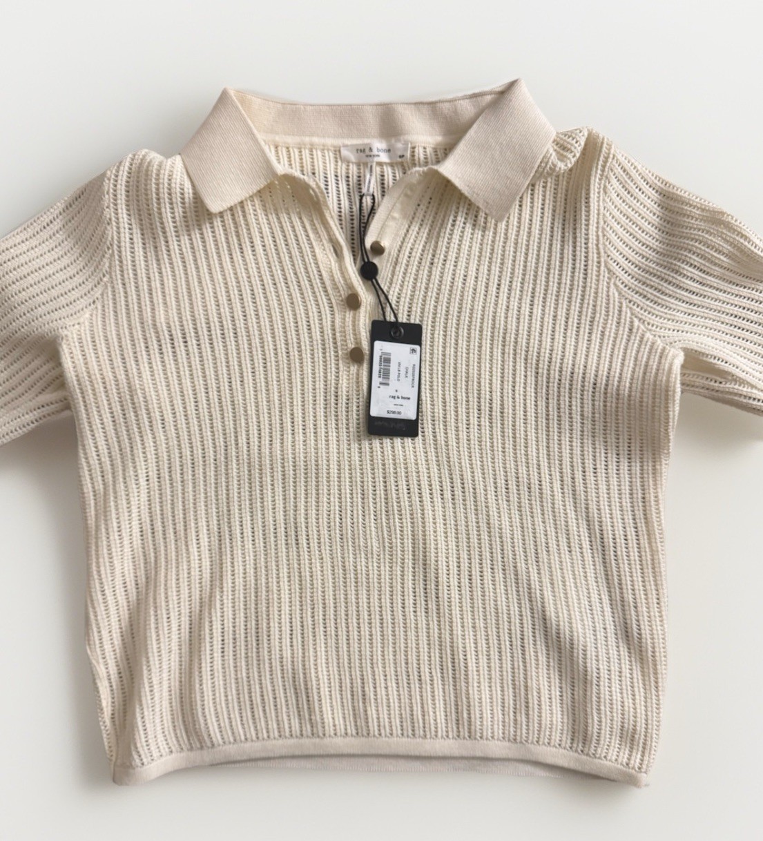 Rag & Bone Vivi Polo Sweater Small Chalk White Pointelle Knit Collared
