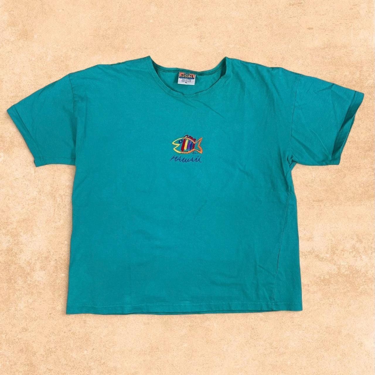 Vintage 90s Hawaii Embroidered T-Shirt Teal Fish Graphic Beach Made in USA XL