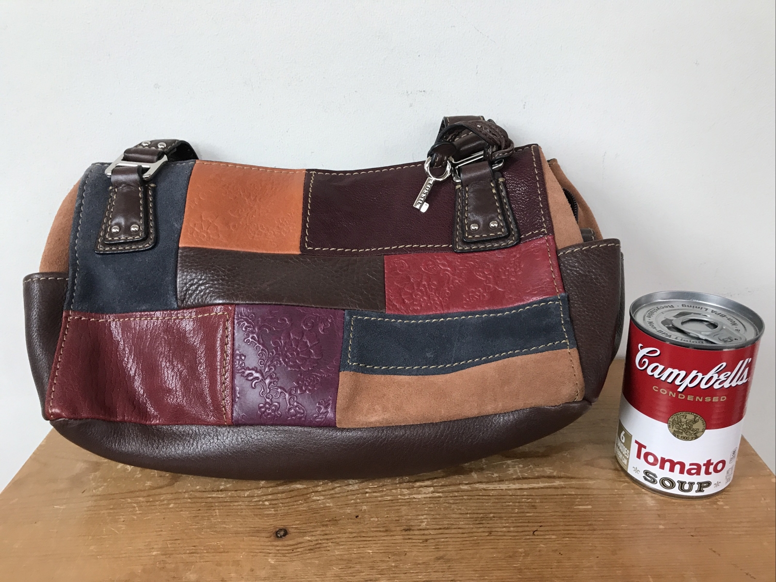 Fossil Colorful Red Purple Leather Patchwork Hobo Shoulder Hand Bag Purse 12.75″
