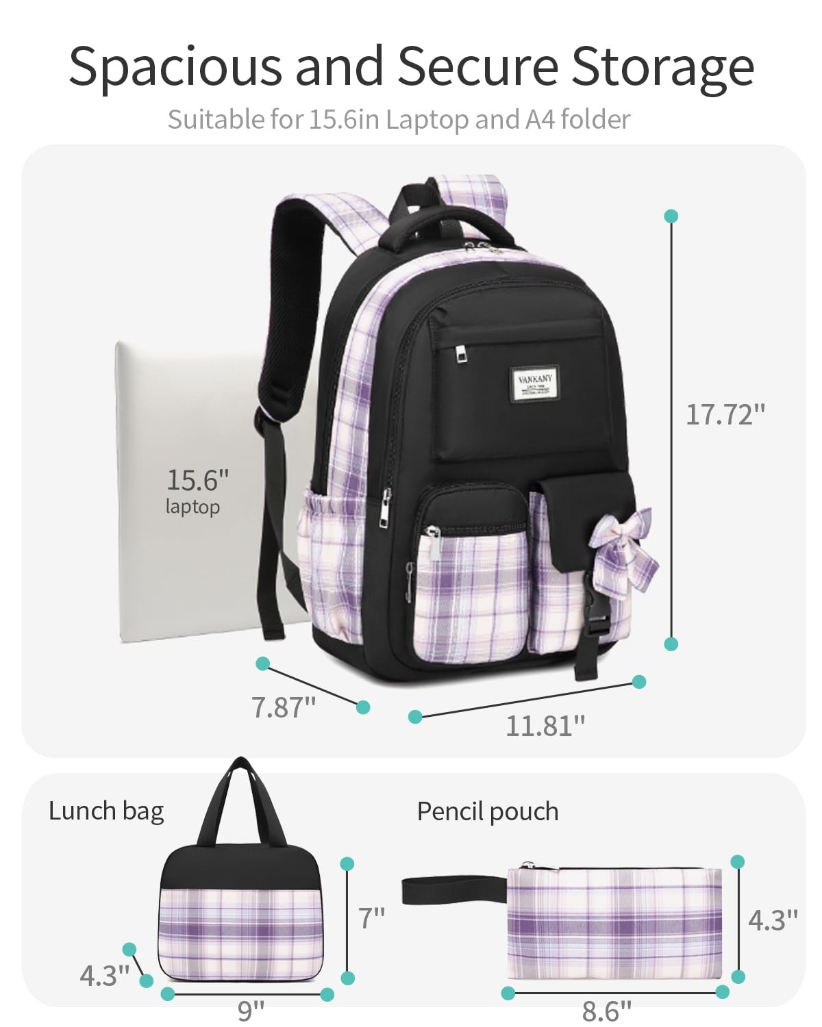 Girls Backpack with Lunch Box – 15.6″/17.3″ Laptop Sleeve, 3 Pack, Cute