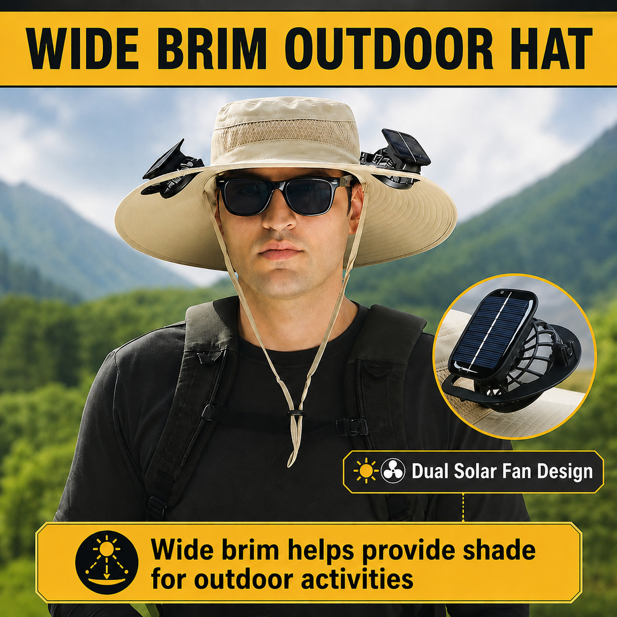 Khaki Solar Fan Hat Wide Brim Cooling Sun Hat Dual Fans Outdoor Fishing Camping