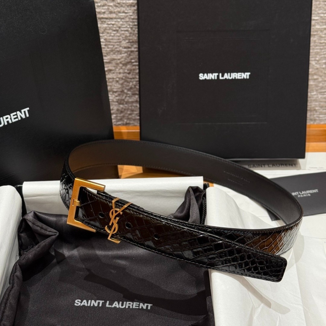 Authentic Yves Saint Laurent Belt YSL Black Gold Buckle Width:3.0cm/1.18inchs
