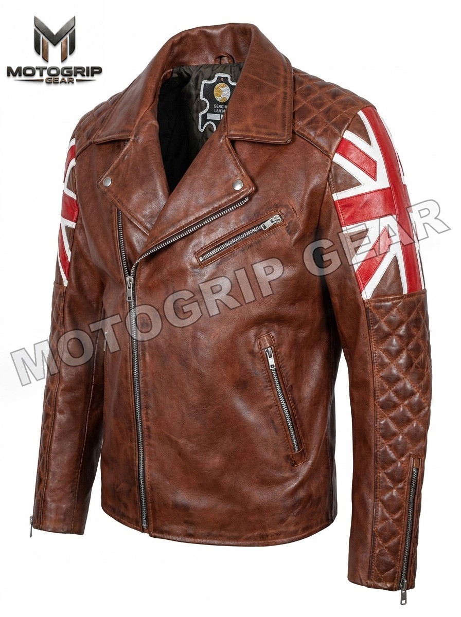 Men’s Biker Cafe Racer Motorcycle UK Flag Patch Vintage Distressed Black Leather