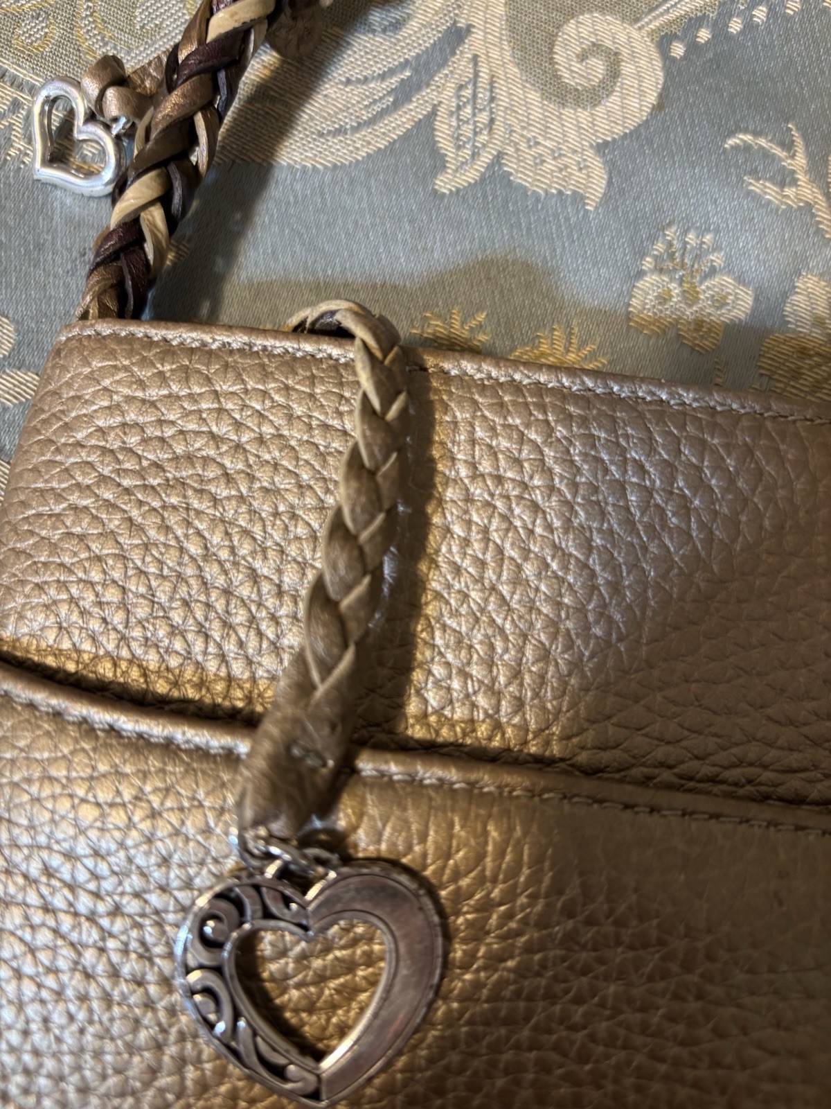 Brighton Gold Pebbled Shoulder Bag Braided Strap Heart Charm Zip Pockets
