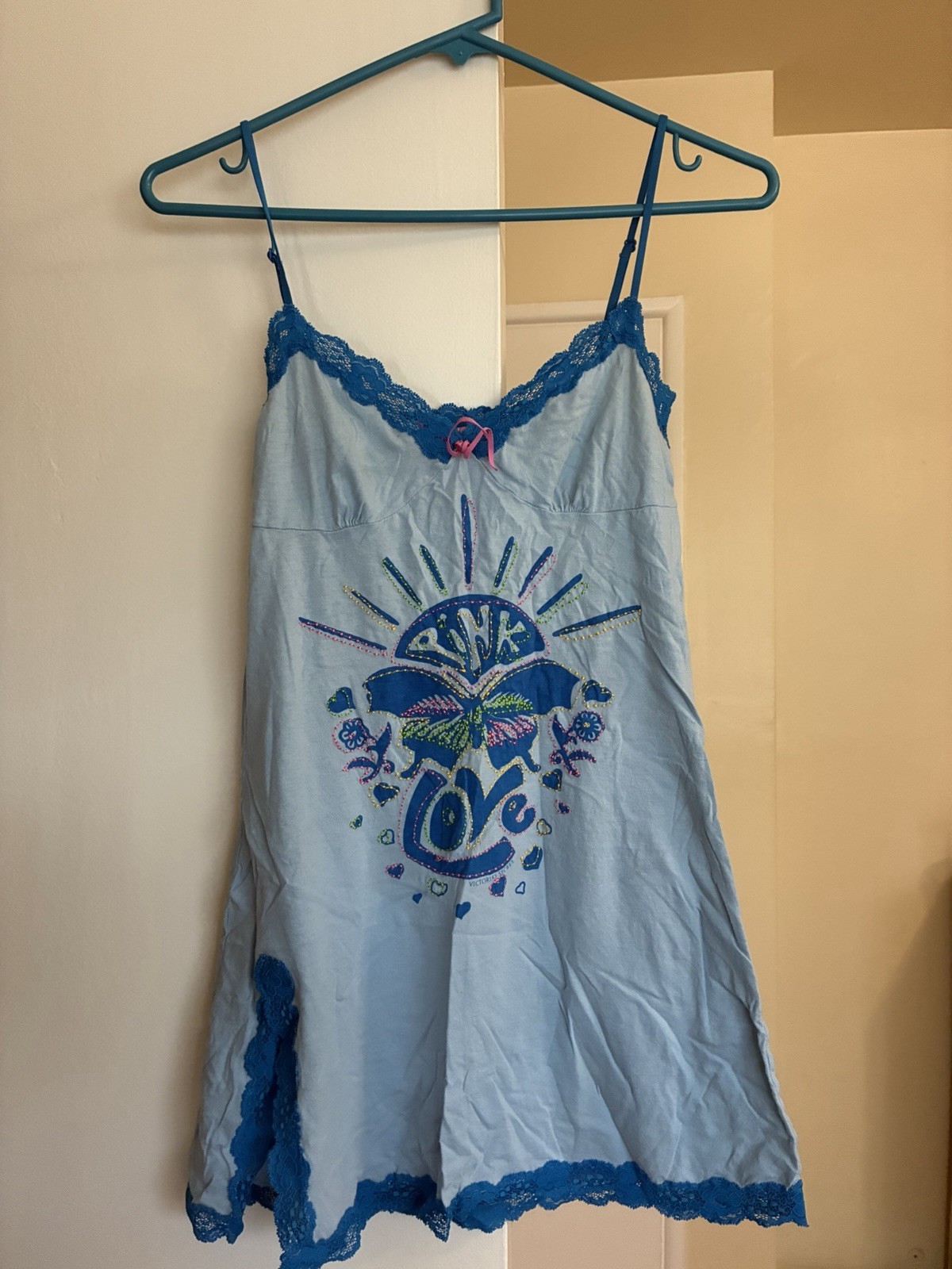 VS PINK Blue Y2K Slip Dress Adjustable Straps Lace Trim XS/S