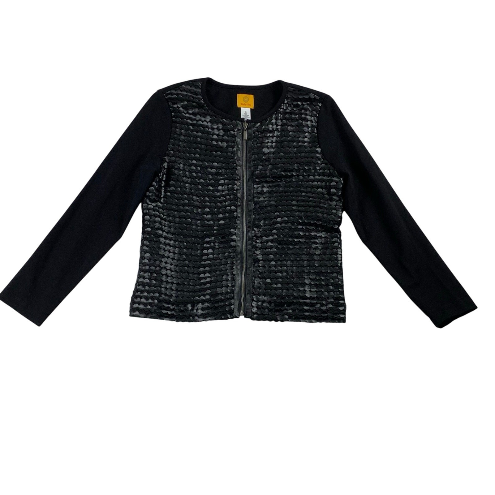 Ruby Rd. Black Faux Leather Zip Front Jersey Knit Texured Jacket – Size M