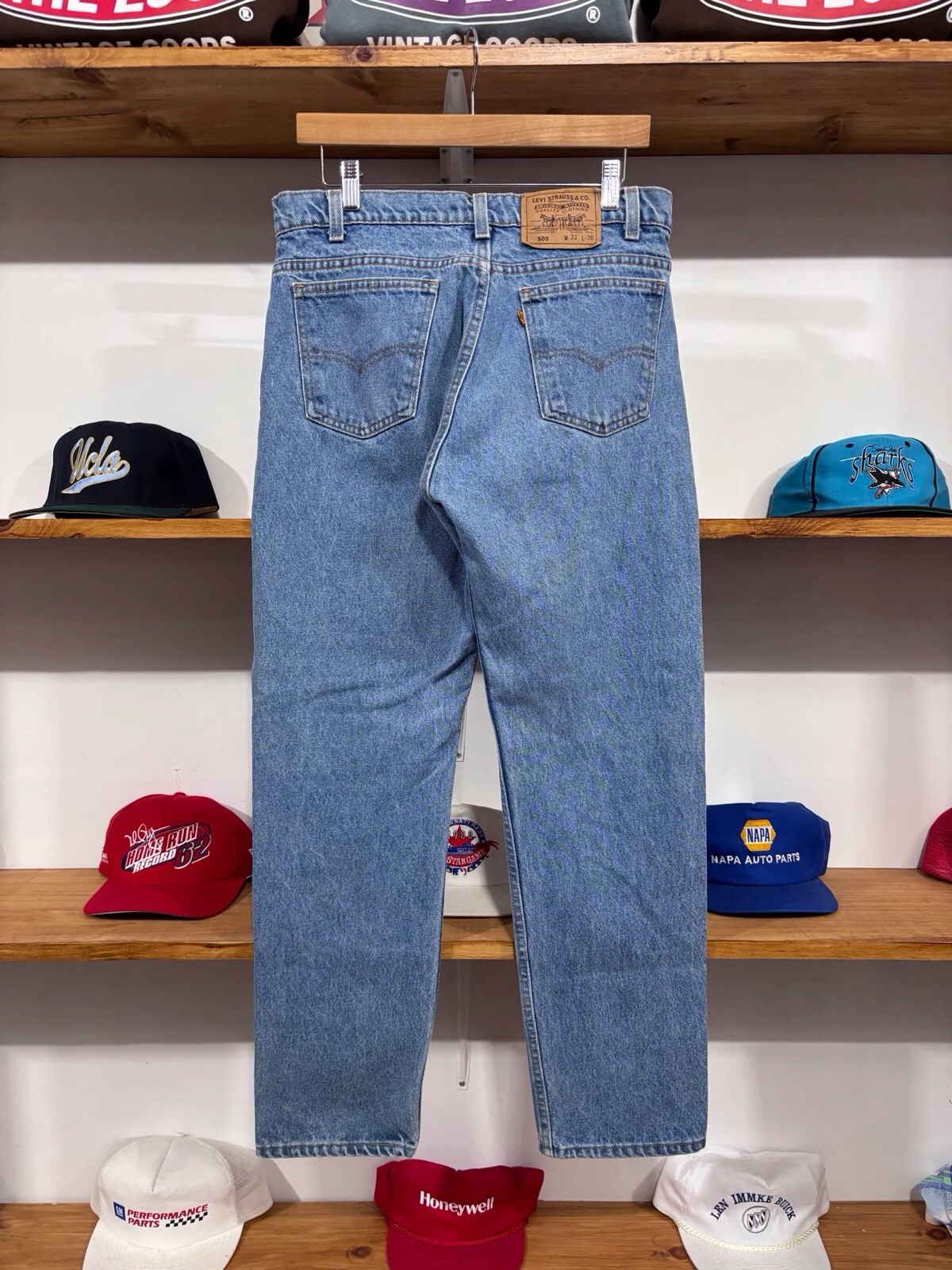 Vintage 90s Levi’s 505 Orange Tab Blue Light Wash Denim Jeans Straight Leg 33×30