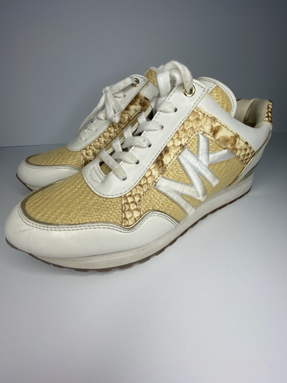 Michael Kors Women’s Gold/White Logo Snakeskin and Straw Low Top Sneakers
